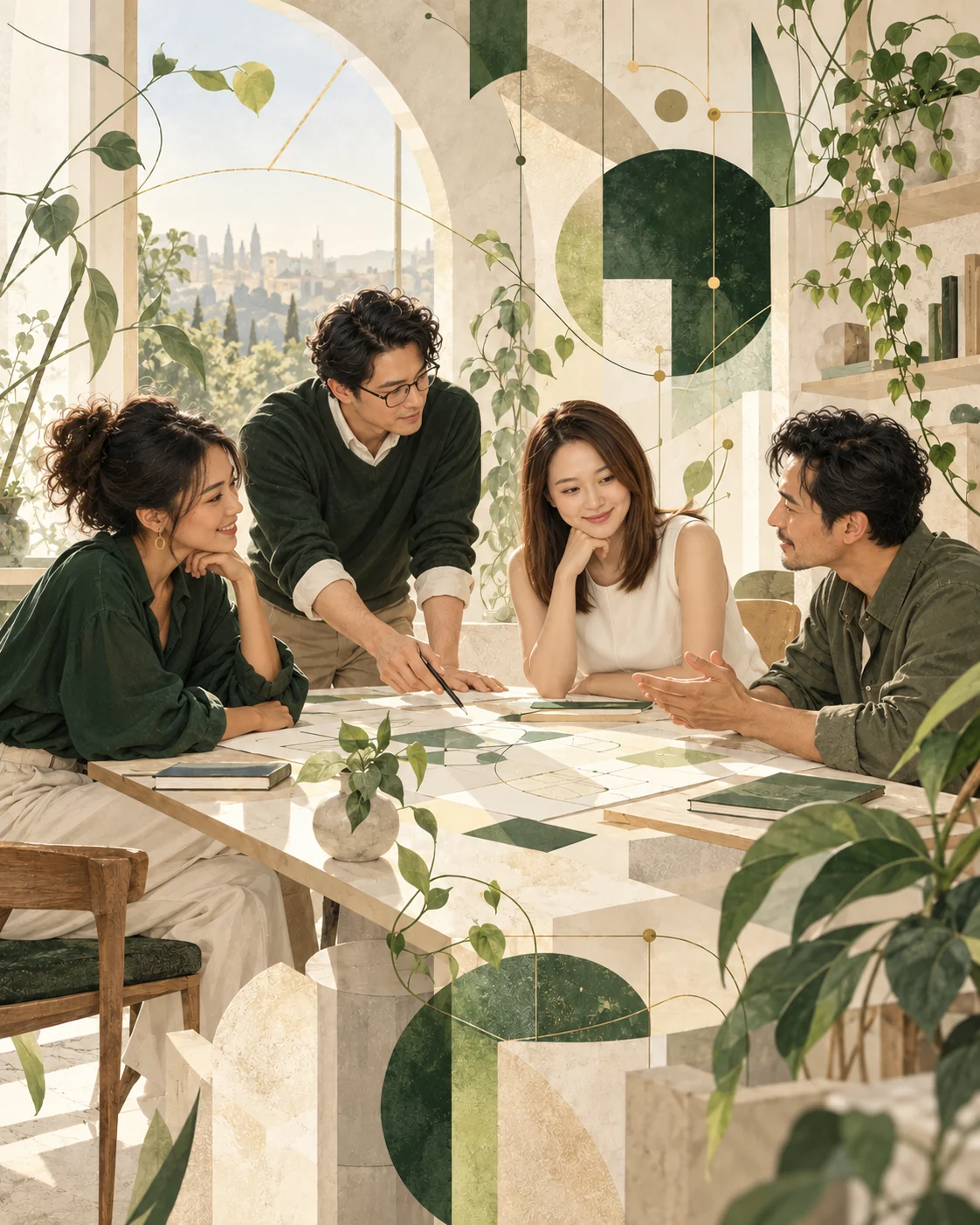 A creative team collaborating around a table in a plant-filled studio