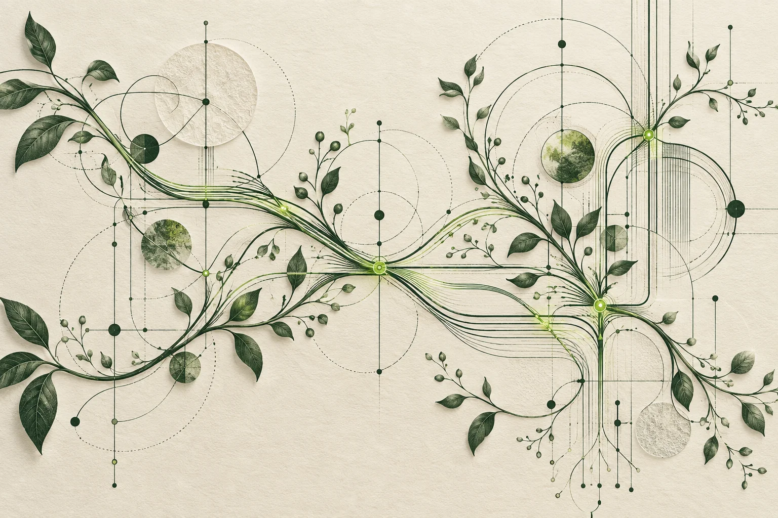 Botanical vines interwoven with a precise network diagram